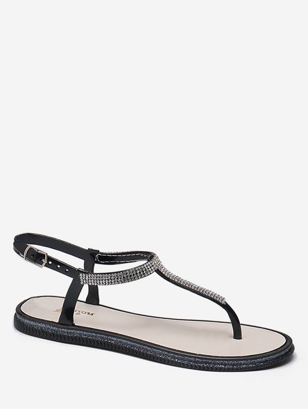 

Crystals Embellished Casual Beach Buckle Strap Thong Sandals, Black