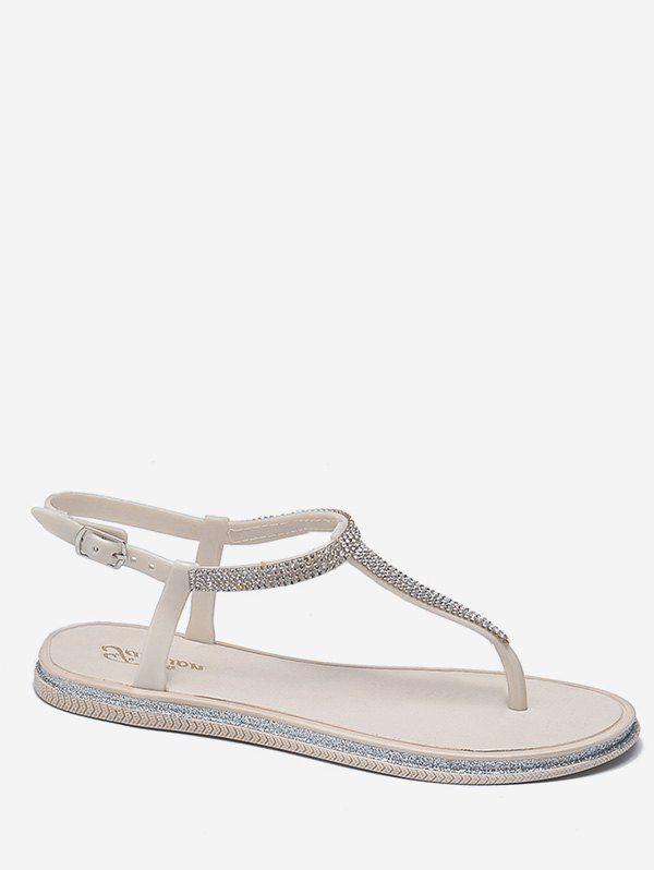 

Crystals Embellished Casual Beach Buckle Strap Thong Sandals, Beige