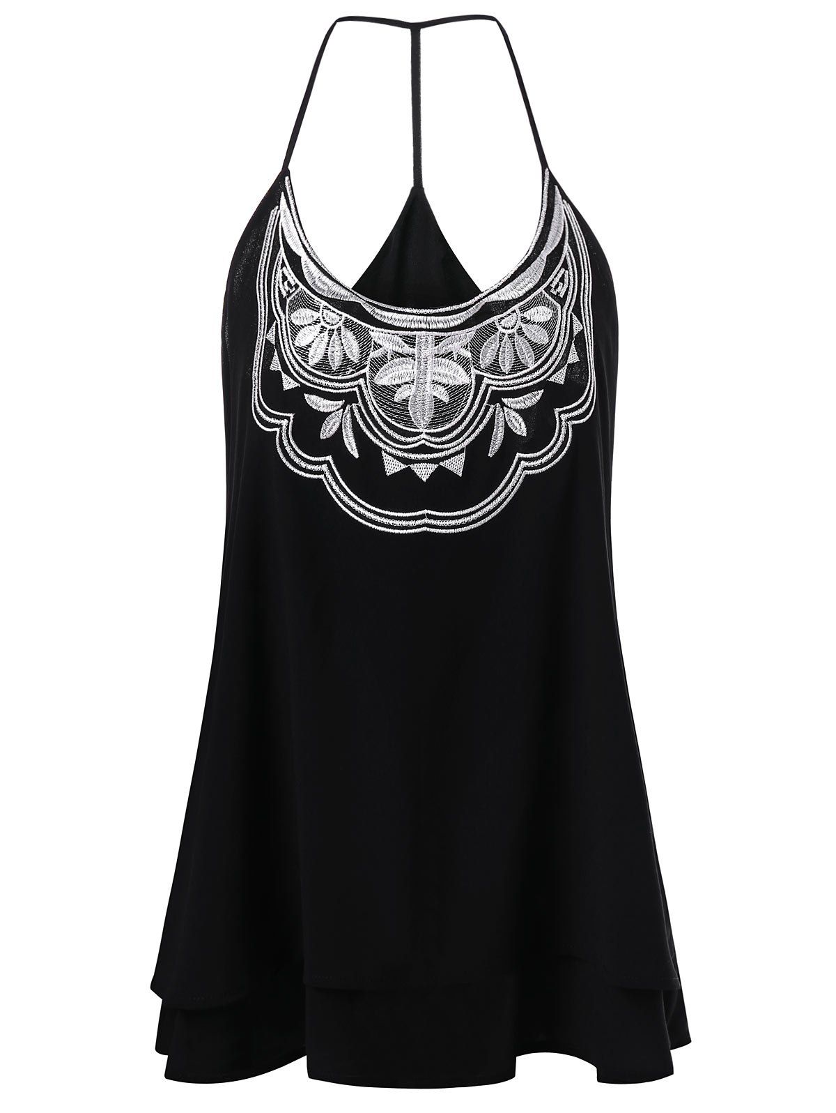 

Spaghetti Strap Embroidered Swing Tank Top, Black