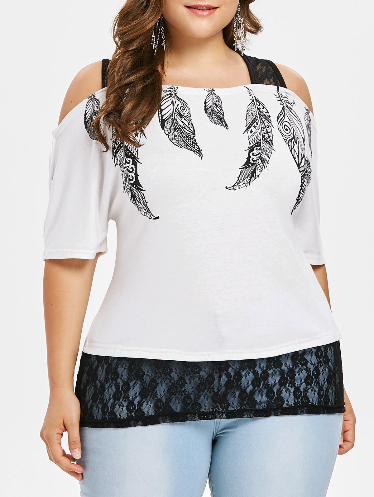 

Lace Panel Plus Size Feather Print Top, White