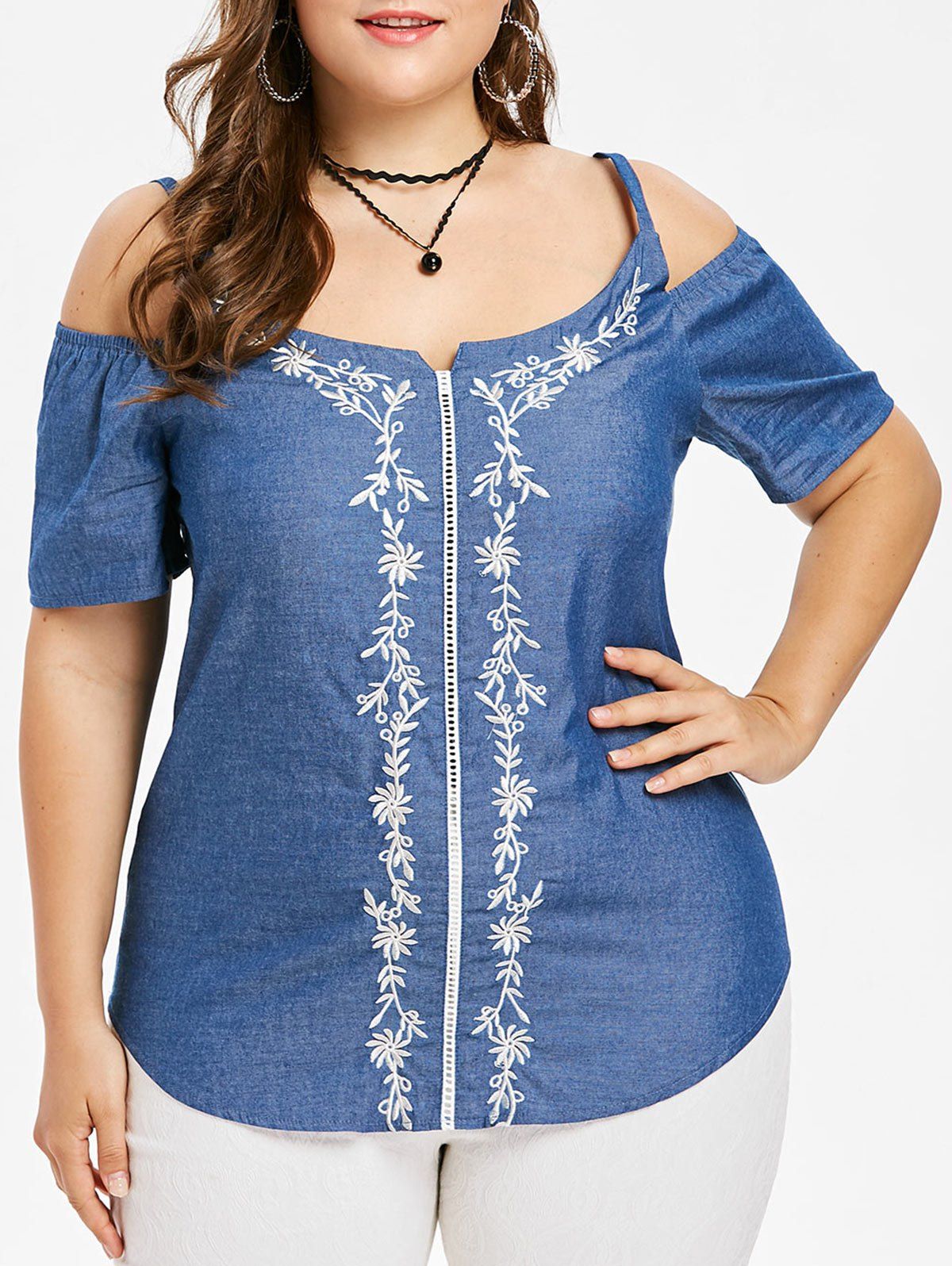 

Cold Shoulder Plus Size Floral Embroidery Top, Denim blue