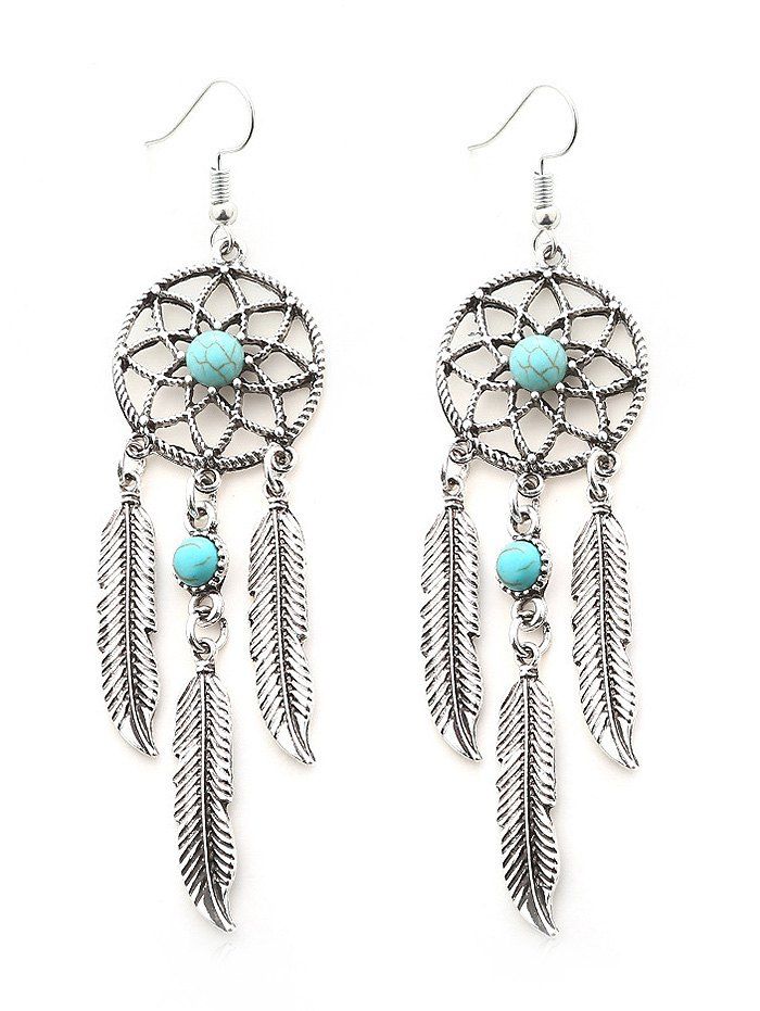 

Bohemian Faux Turquoise Leaves Hook Earrings, Silver