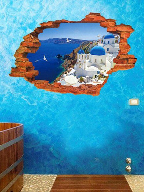 

3D Santorini Island Pattern Removable Wall Sticker, Ocean blue