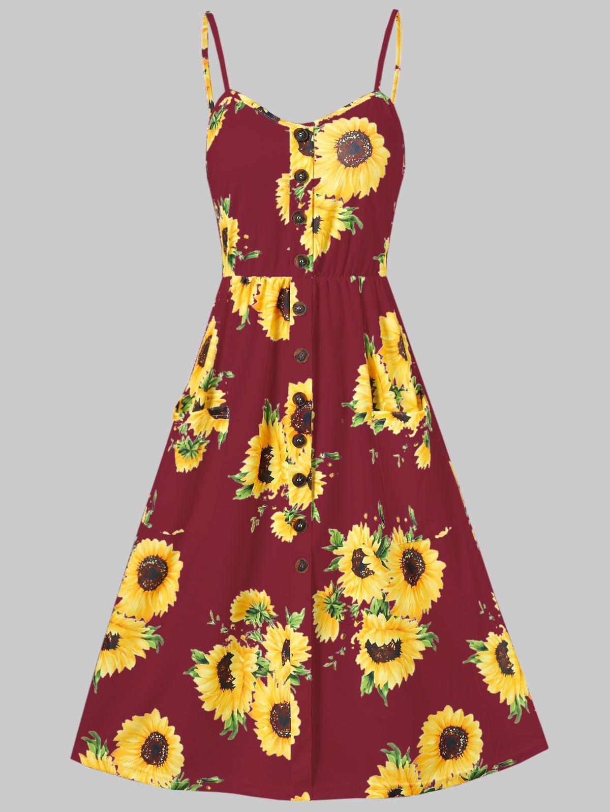 

Spaghetti Strap Sunflower Print Buttoned Mini Dress, Red wine