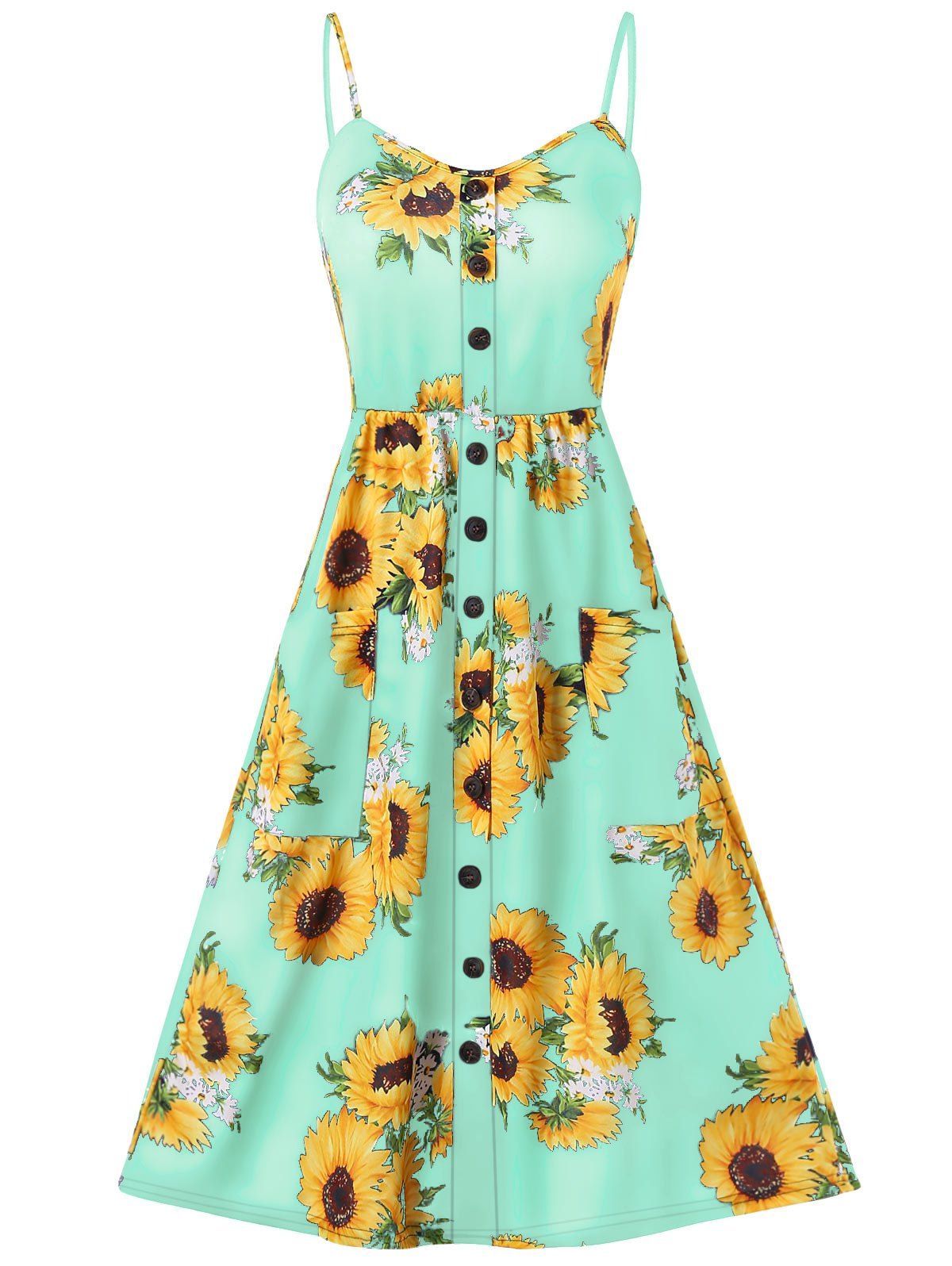 

Spaghetti Strap Sunflower Print Buttoned Mini Dress, Algae green