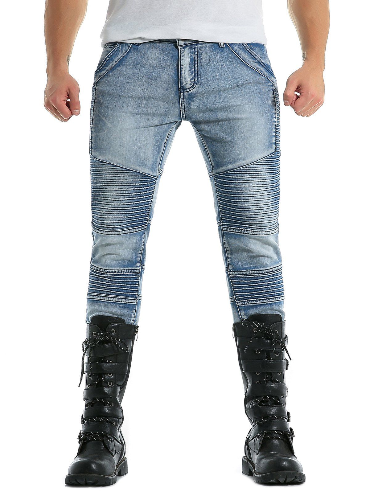 

Zip Fly Moto Skinny Biker Jeans, Blue ivy