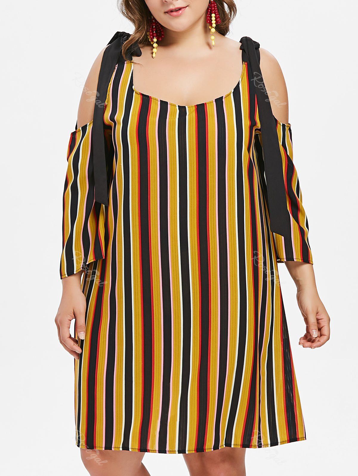 

Plus Size Striped Tie Shoulder Dress, Multi