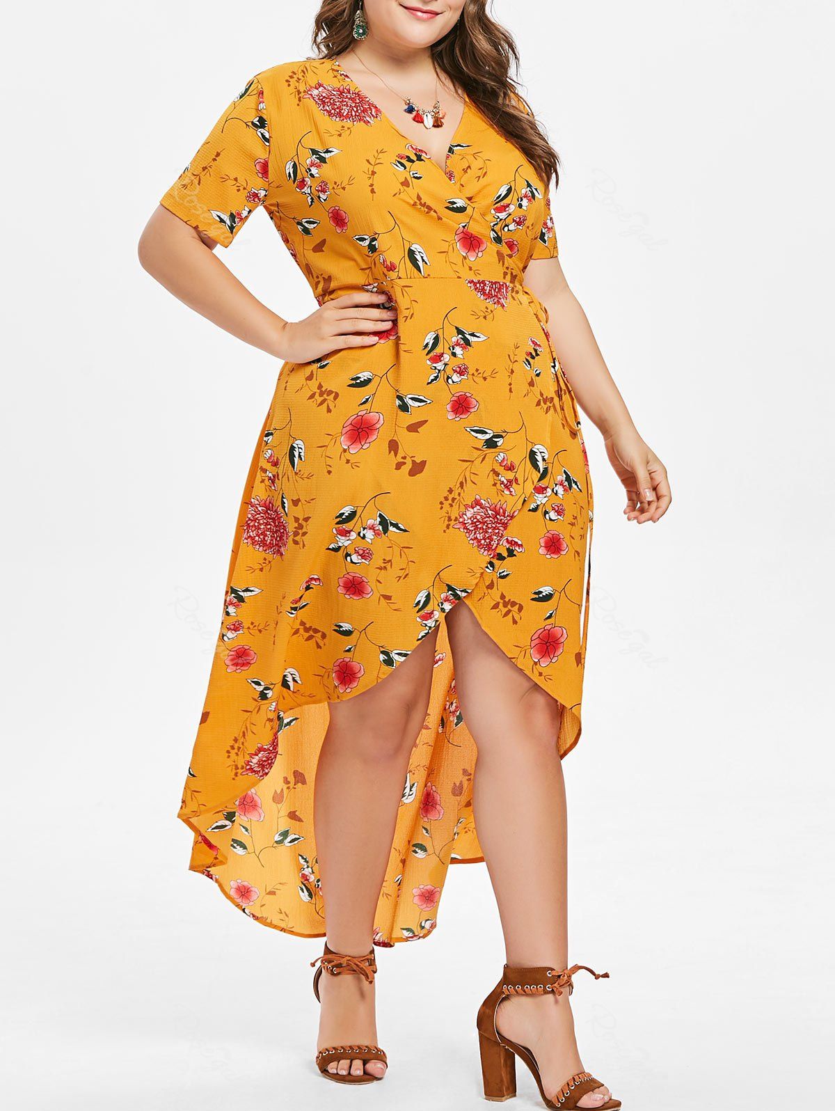 

Plus Size Flower Wrap Dress, Dark orange