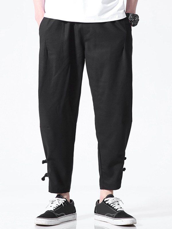 

Elastic Waist Solid Color Casual Nine Minutes of Pants, Black
