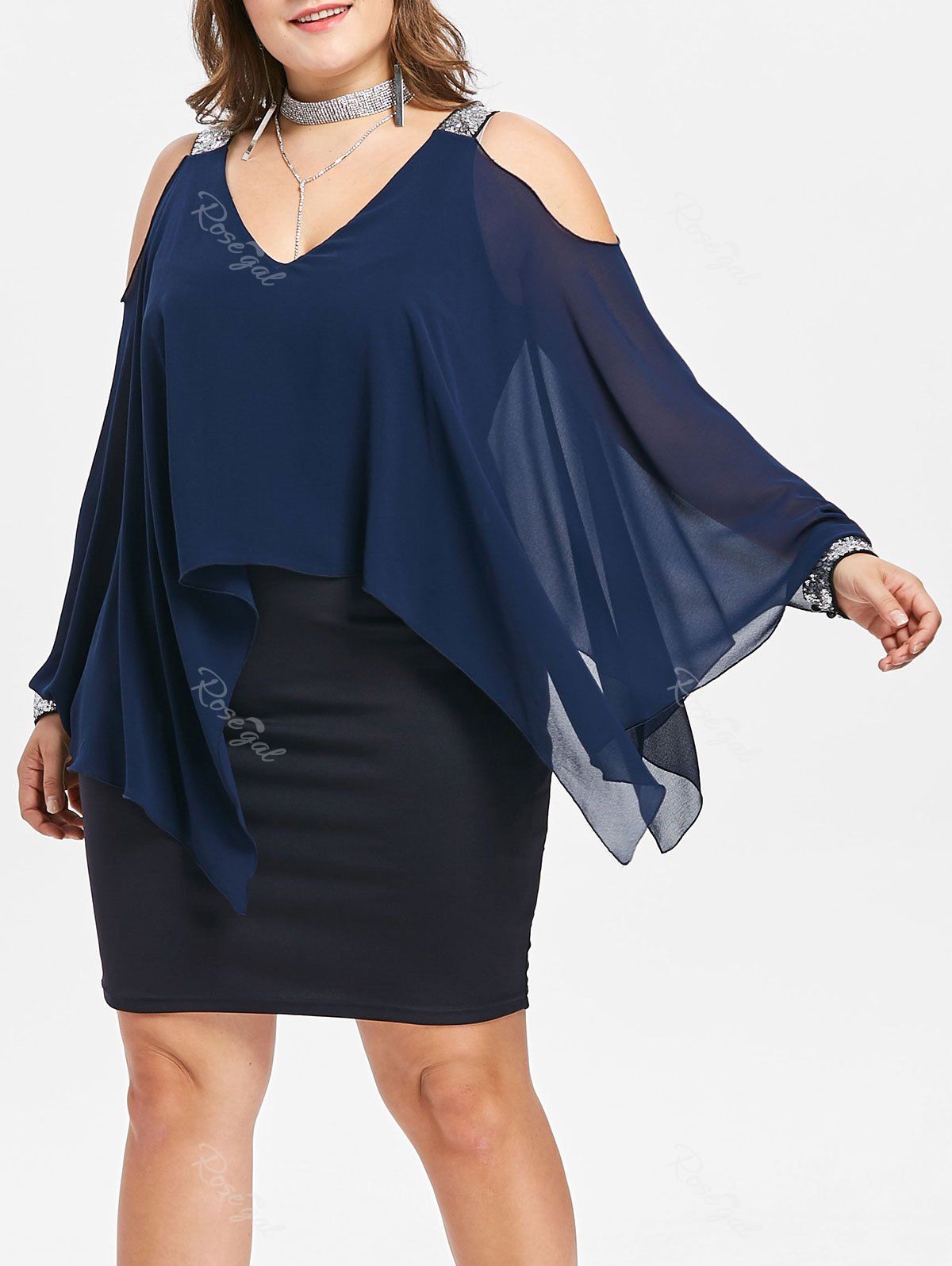 

Plus Size Sequins Mesh Capelet Bodycon Dress, Deep blue