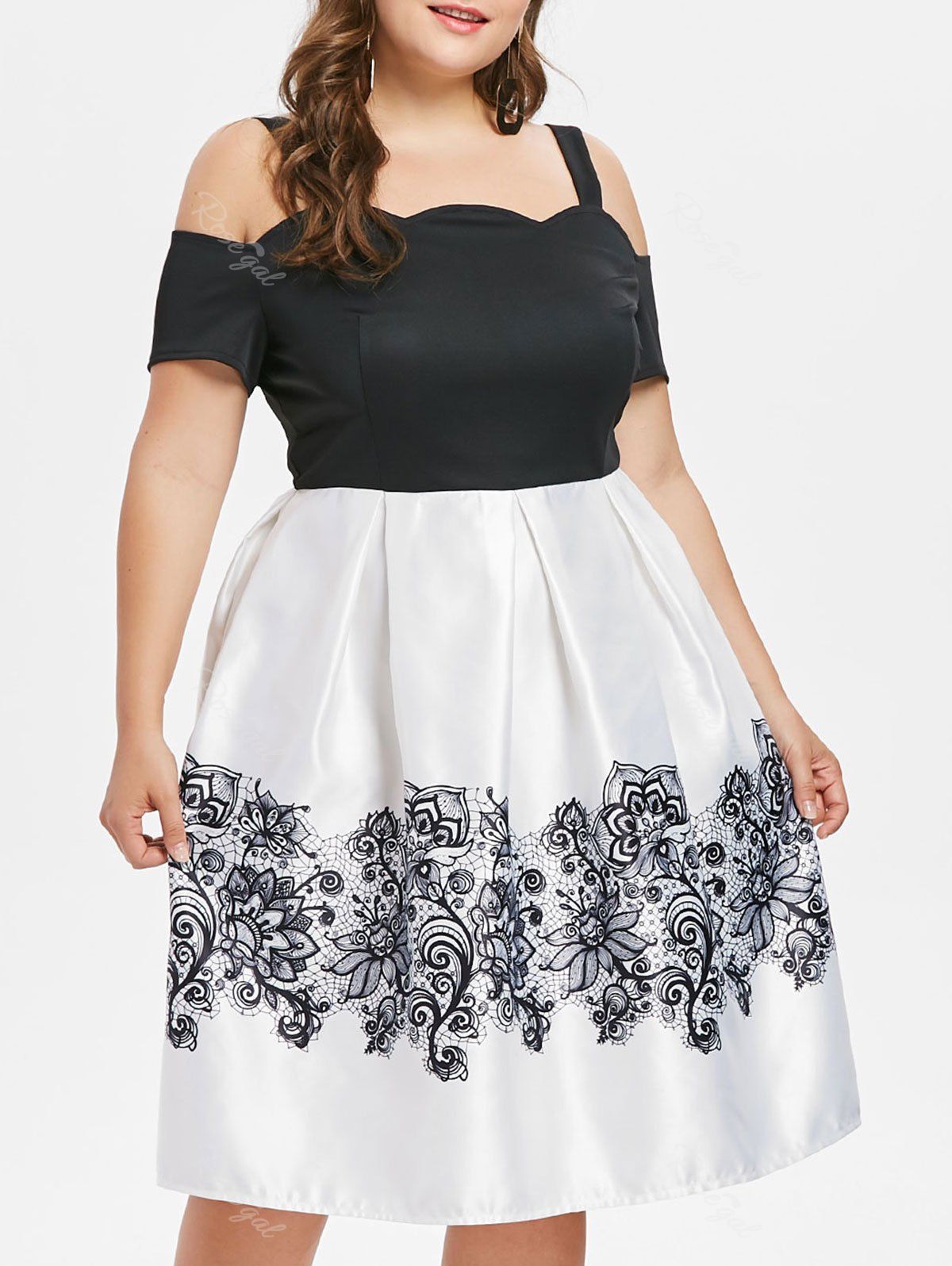 

Lace Print Plus Size Cold Shoulder Dress, Milk white