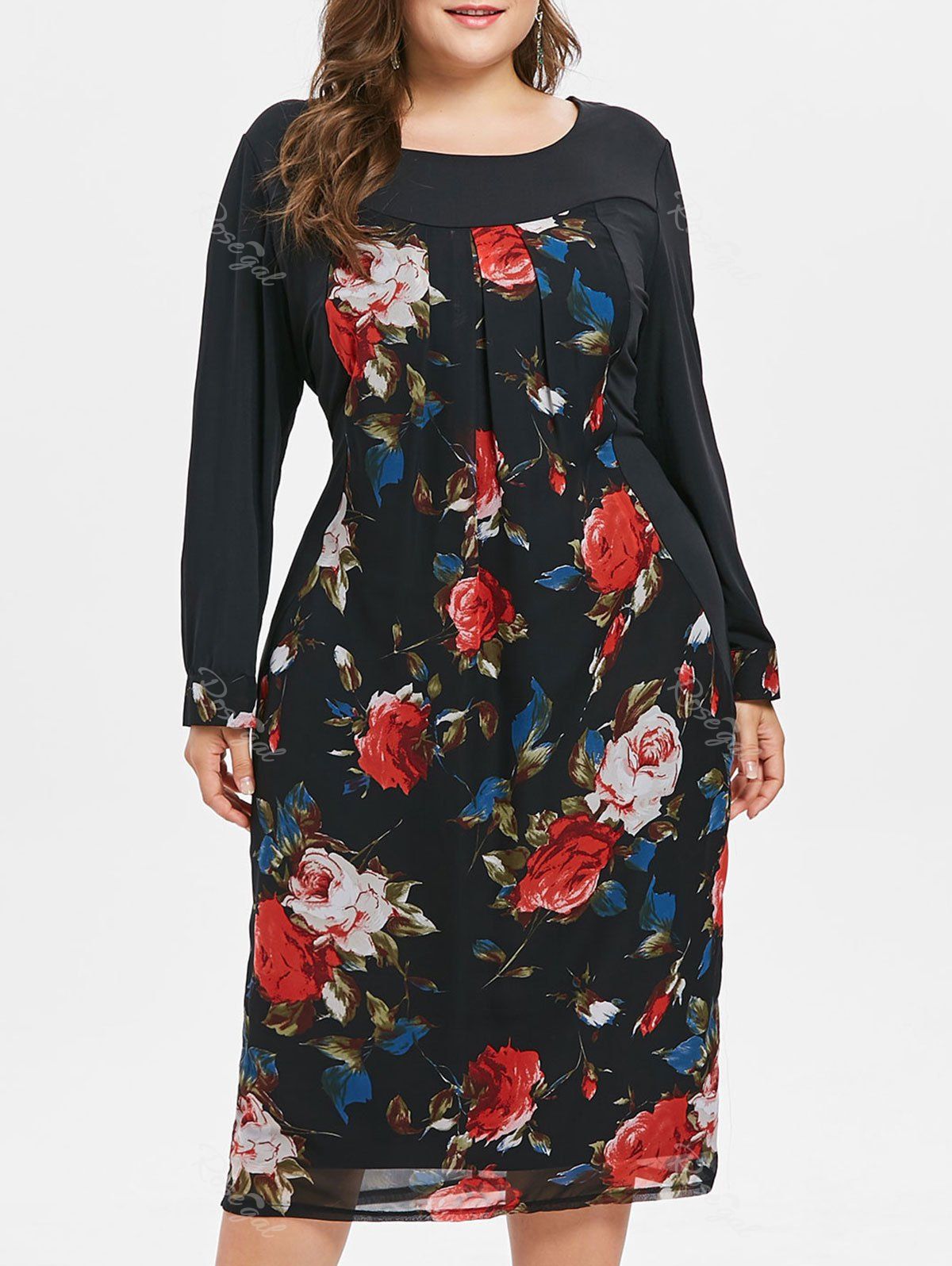 

Plus Size Print Long Sleeve Midi Dress, Black