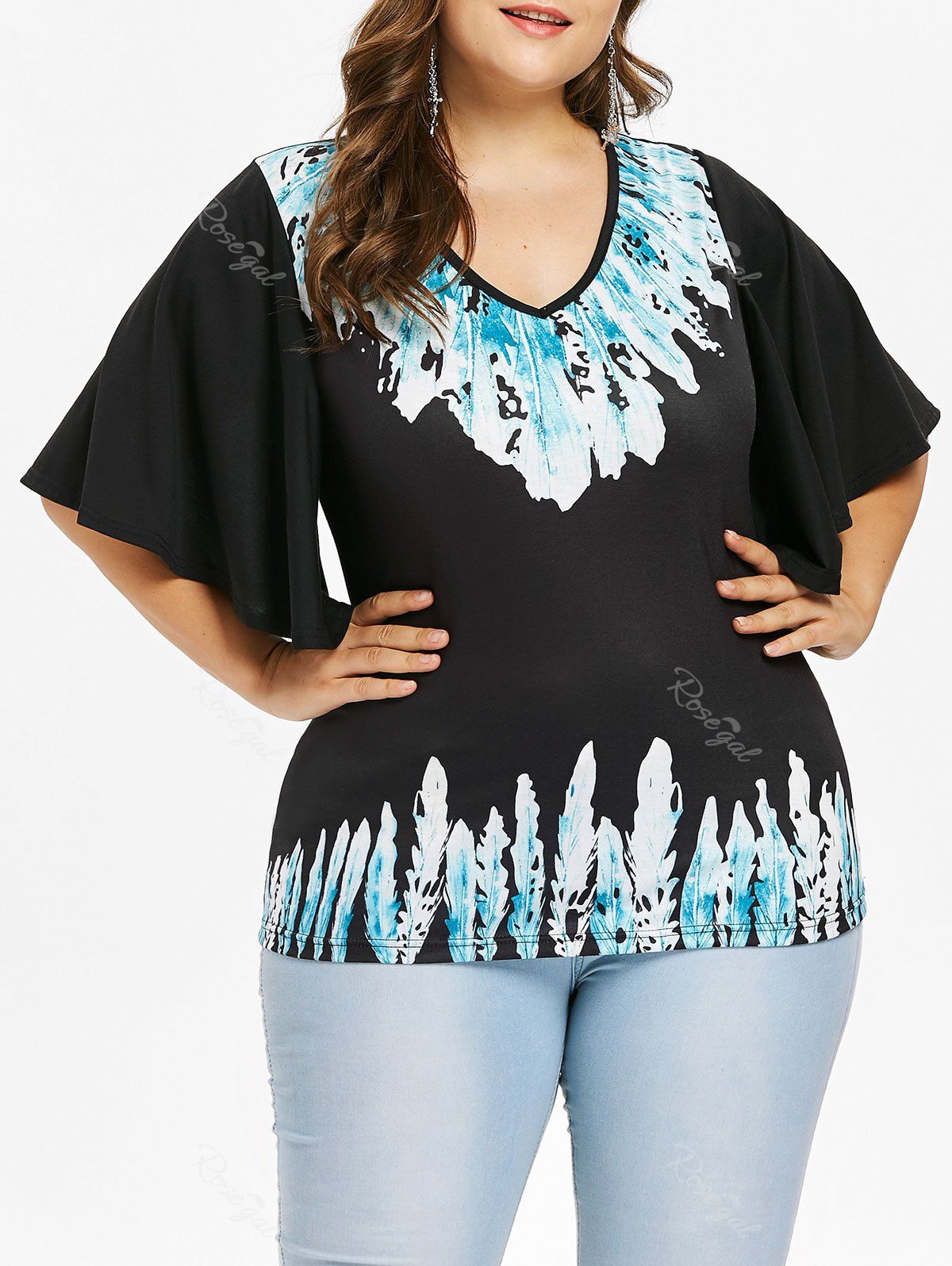 

Plus Size Feather V Neck T-shirt, Black