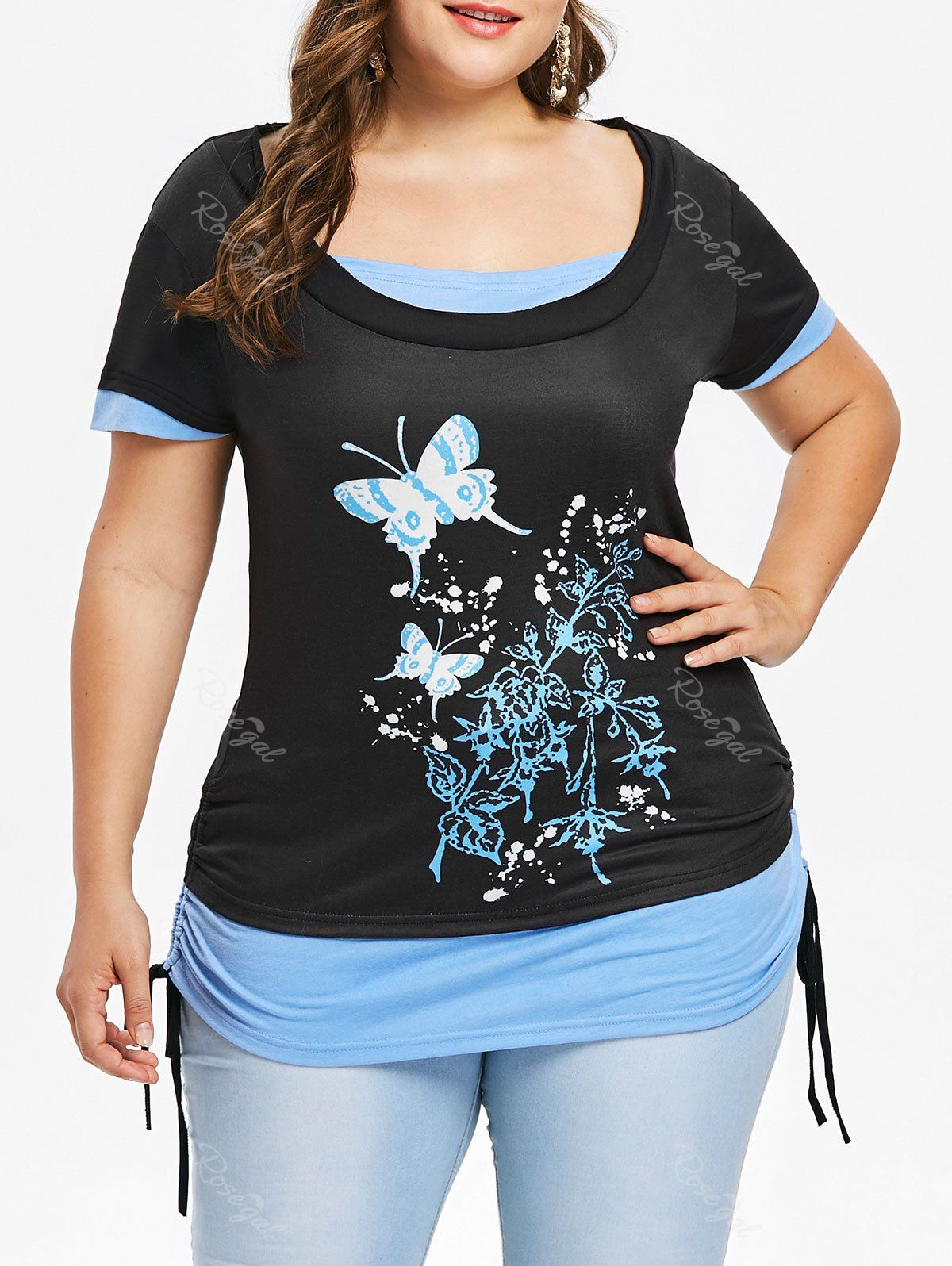 

Plus Size Butterflies Faux Two Piece T-shirt, Light blue