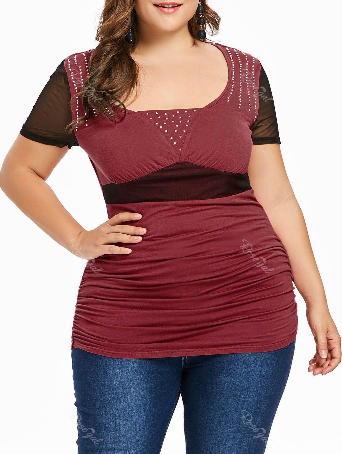 

Plus Size Empire Waist Ruched T-shirt, Red wine