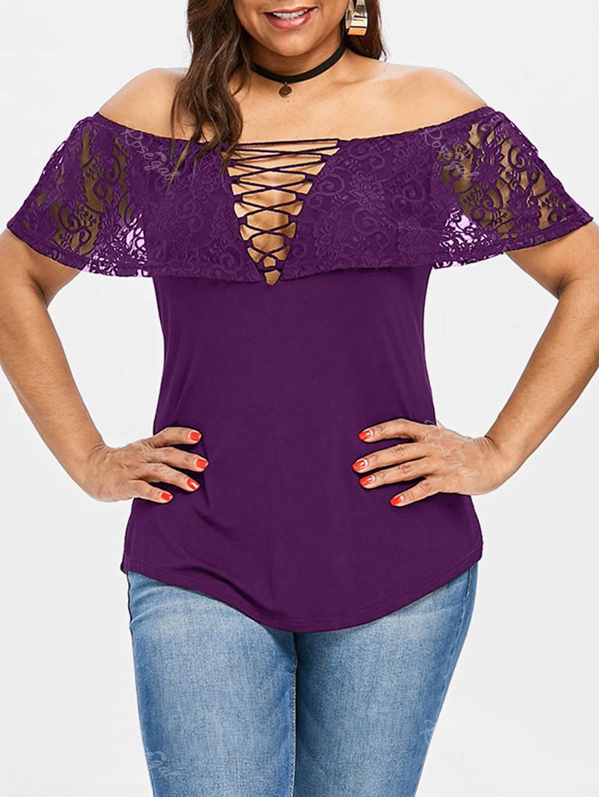 

Plus Size Off Shoulder Lace Up T-shirt, Purple jam
