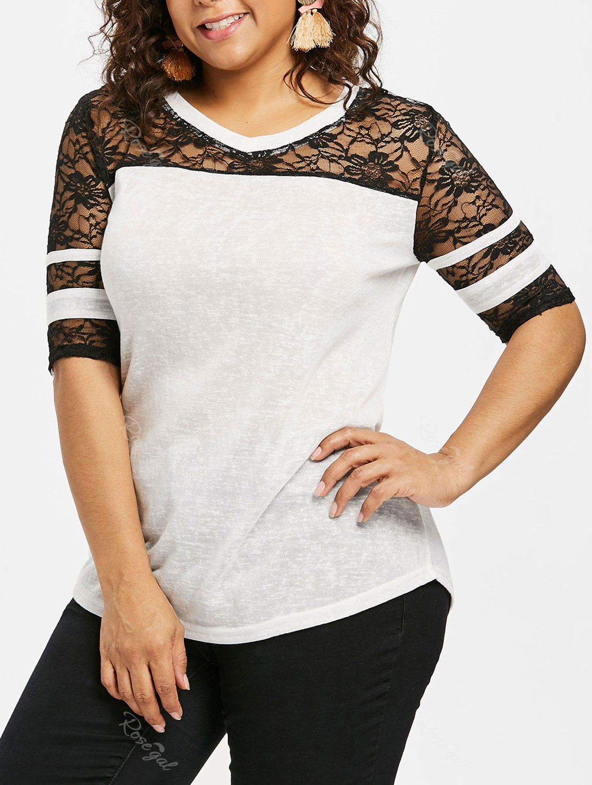 

Plus Size Sheer Lace Yoke T-shirt, White
