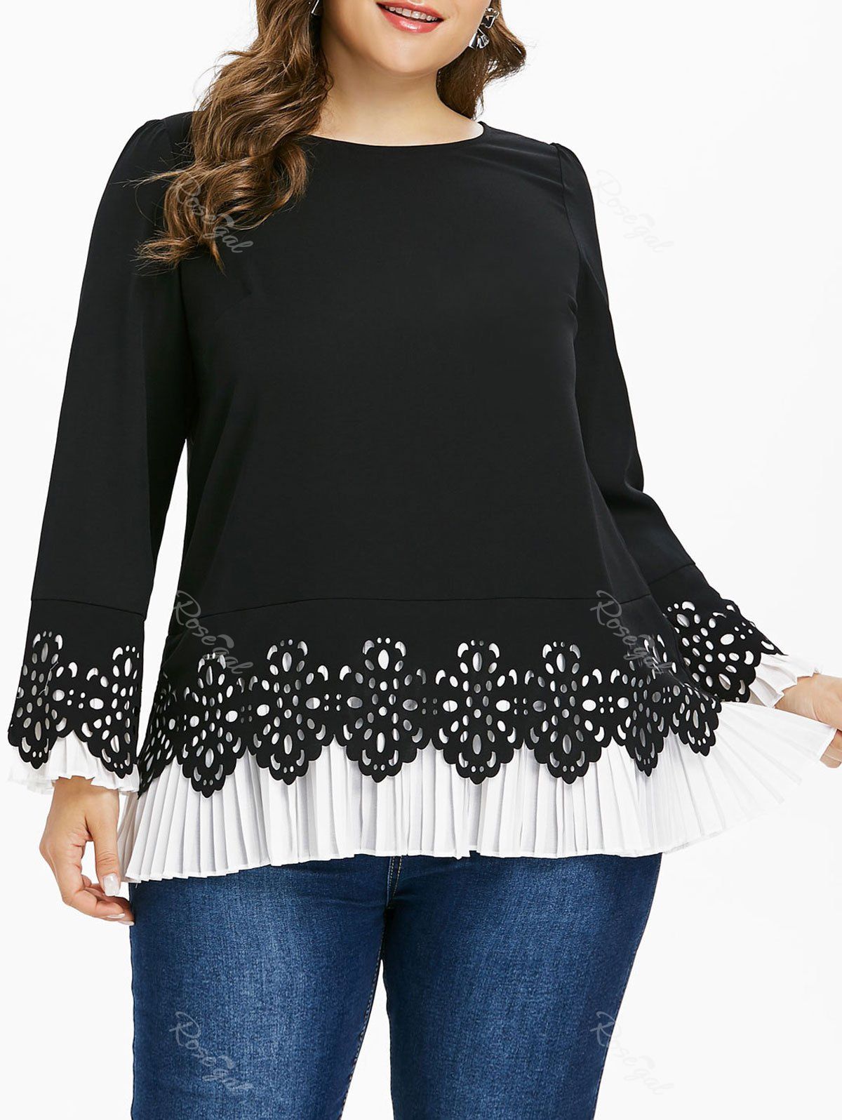 

Plus Size Cutwork Pleated Hem Top, Black