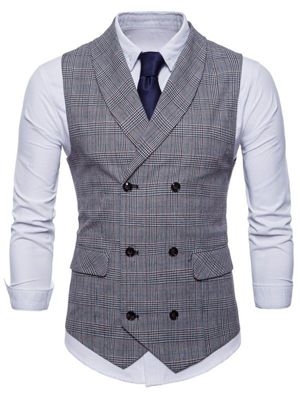 

Flap Pocket Double Breasted Check Waistcoat, Light gray