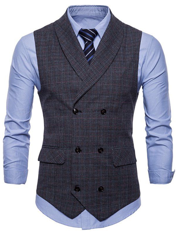 

Flap Pocket Double Breasted Check Waistcoat, Dark gray