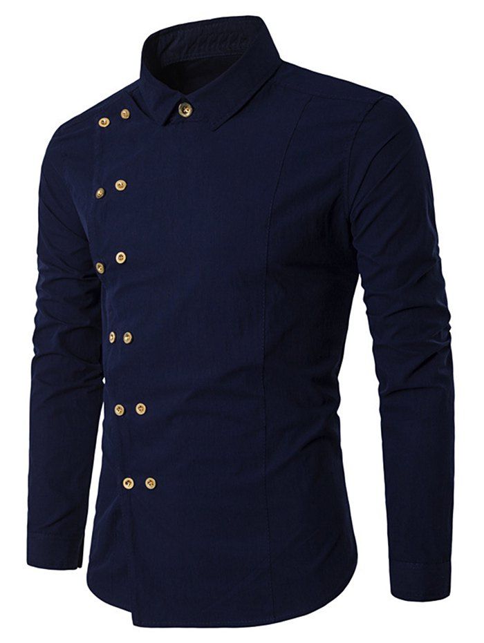 

Long Sleeve Double-breasted Shirt, Cadetblue