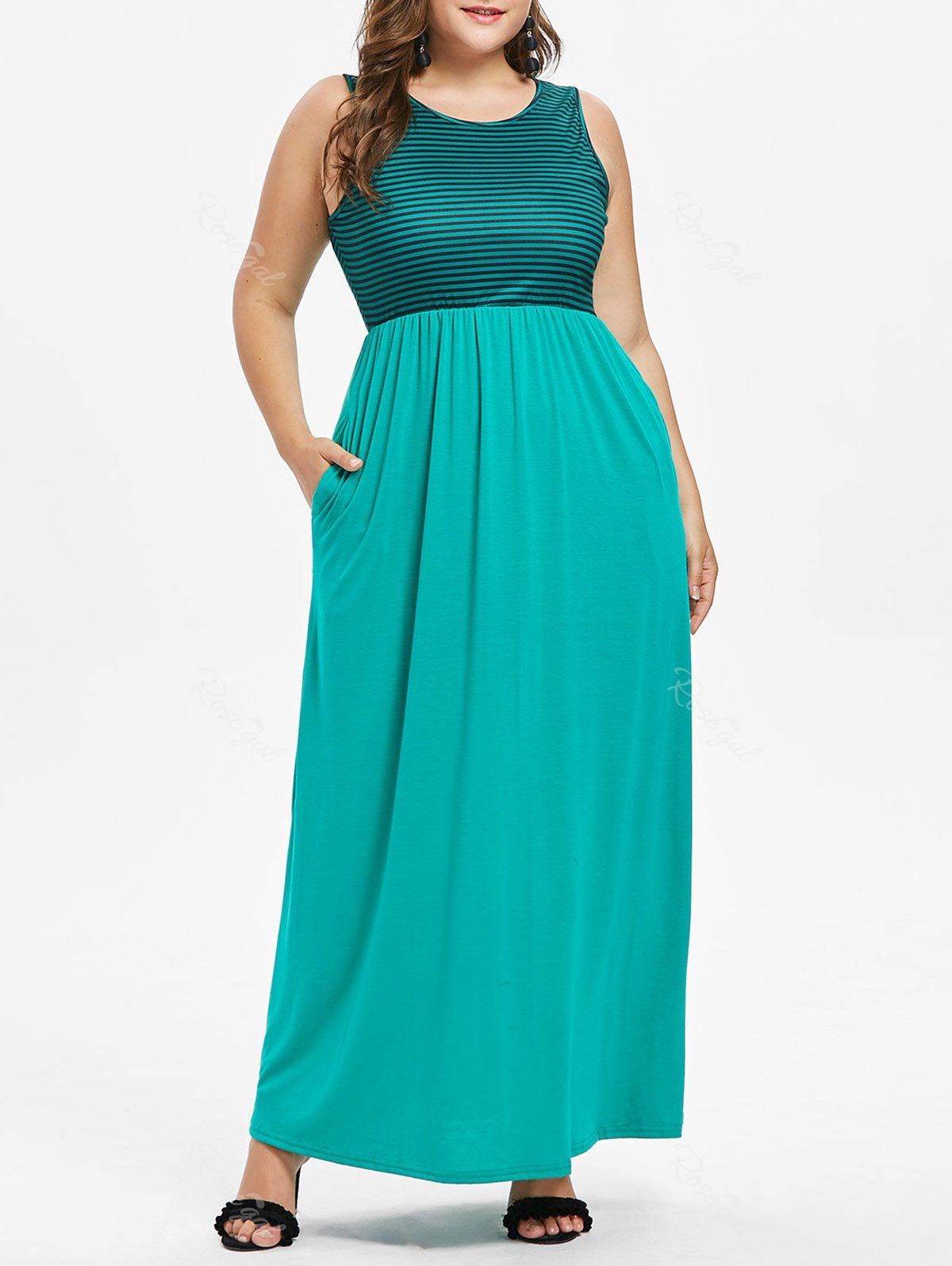 

Plus Size Sleeveless Stripe Panel Maxi Dress, Green