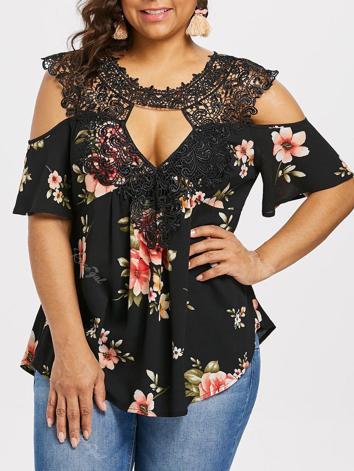 

Plus Size Cold Shoulder Floral Blouse, Black