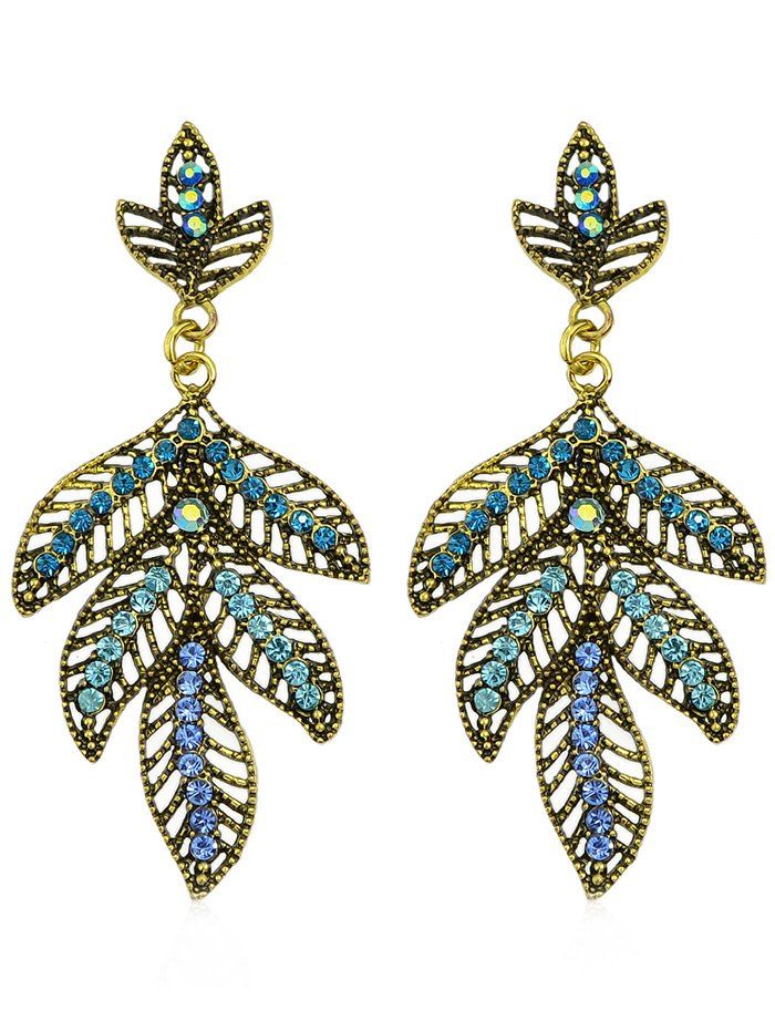 

Colored Rhinestone Hollow Out Leaf Dangle Earrings, Blue