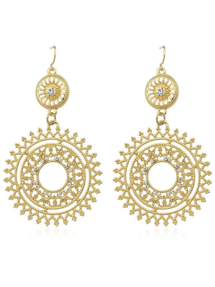 

Round Shaped Hollow out Rhinestone Dangle Earrings, Gold