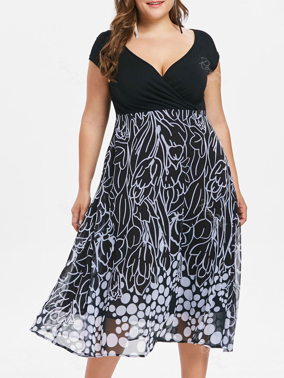 

Plus Size Plunge High Waist Surplice Dress, Black white