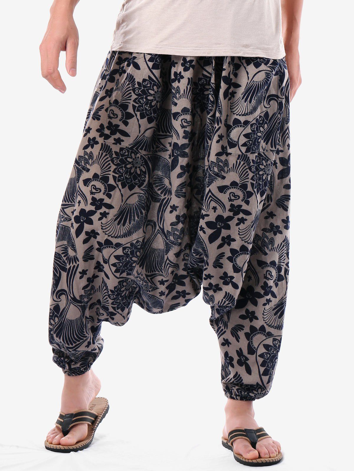 

Retro Flower Print Harem Pants, Gray cloud