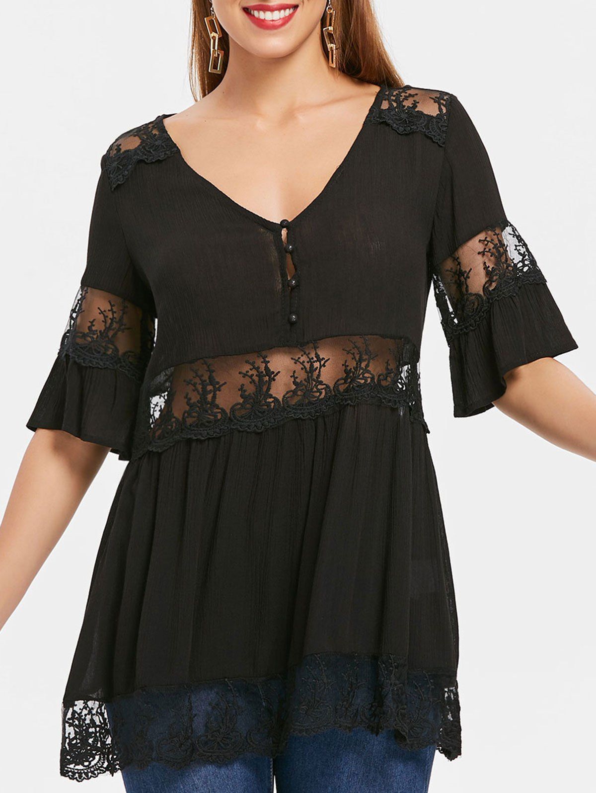 

Lace Panel Flare Sleeve Blouse, Black