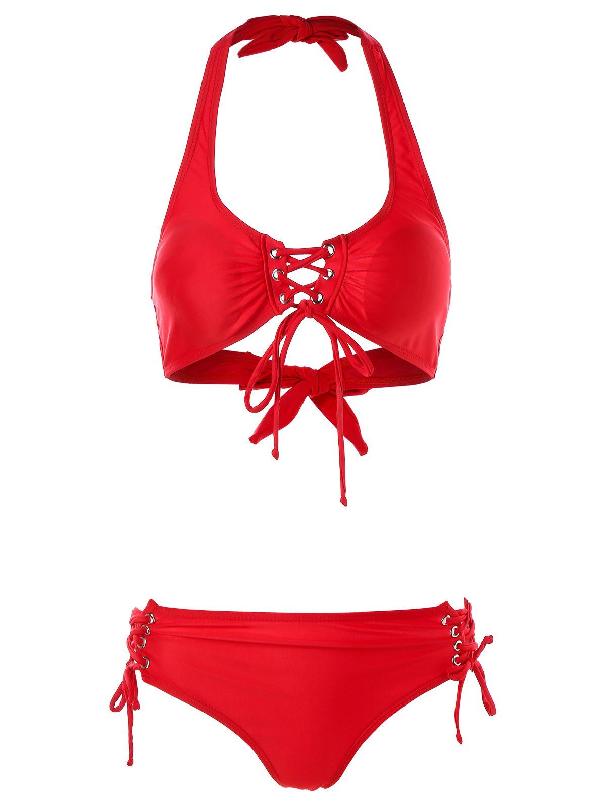 

Halter Lace Up Padded Bikini, Red