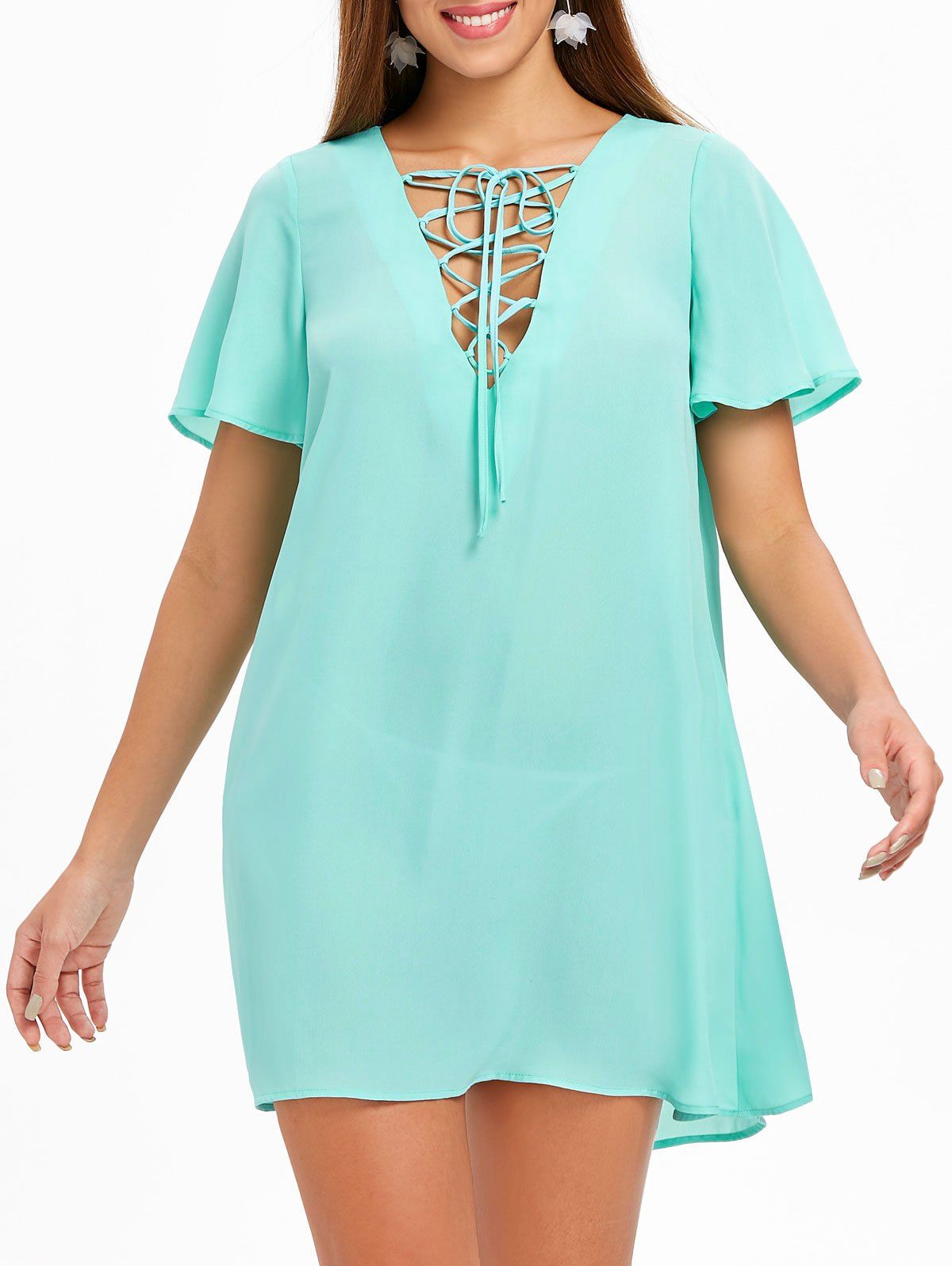 

Lace Up Chiffon Mini Dress, Macaw blue green