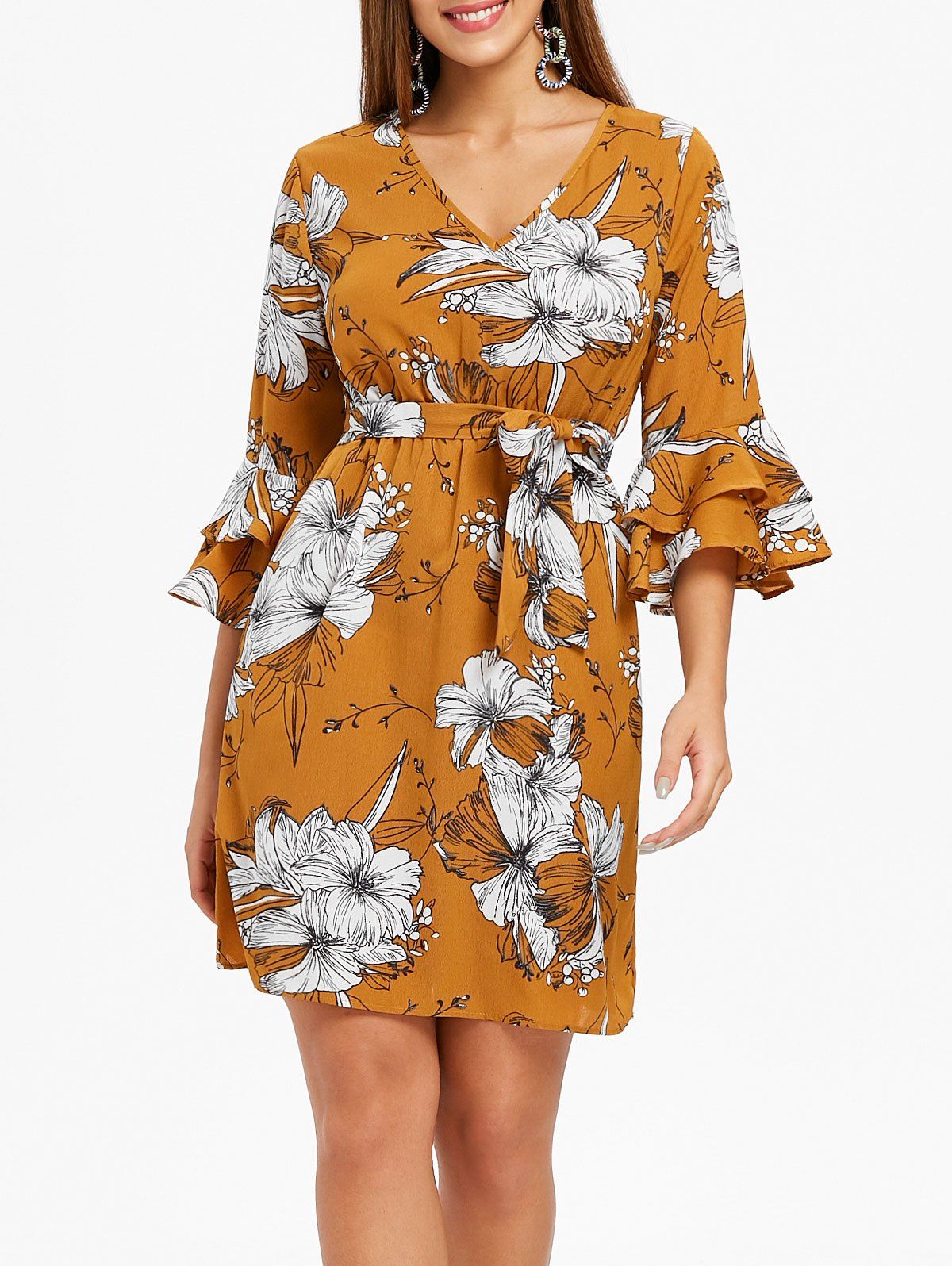 

Layered Bell Sleeve Floral Dress, Multi