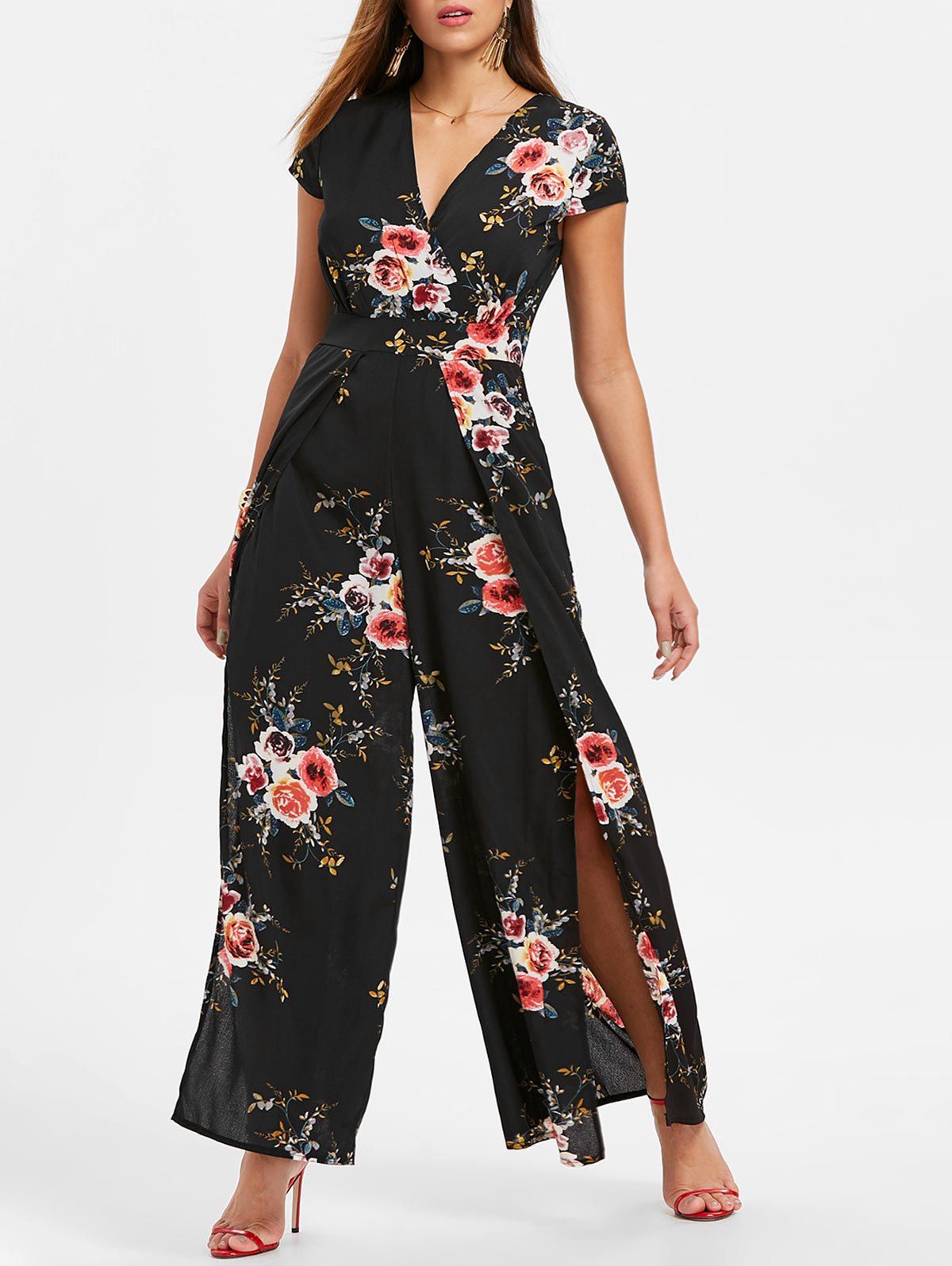 

Front Slit Floral Print Jumpsuit, Black