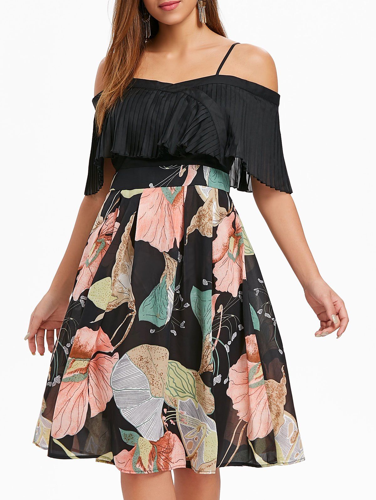 

Print Panel Pleated Flounce Dress, Black