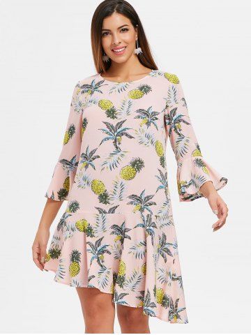 Flare Sleeve Flounce Pineapple Print Shift Dress
