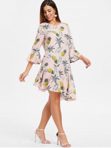 Flare Sleeve Flounce Pineapple Print Shift Dress