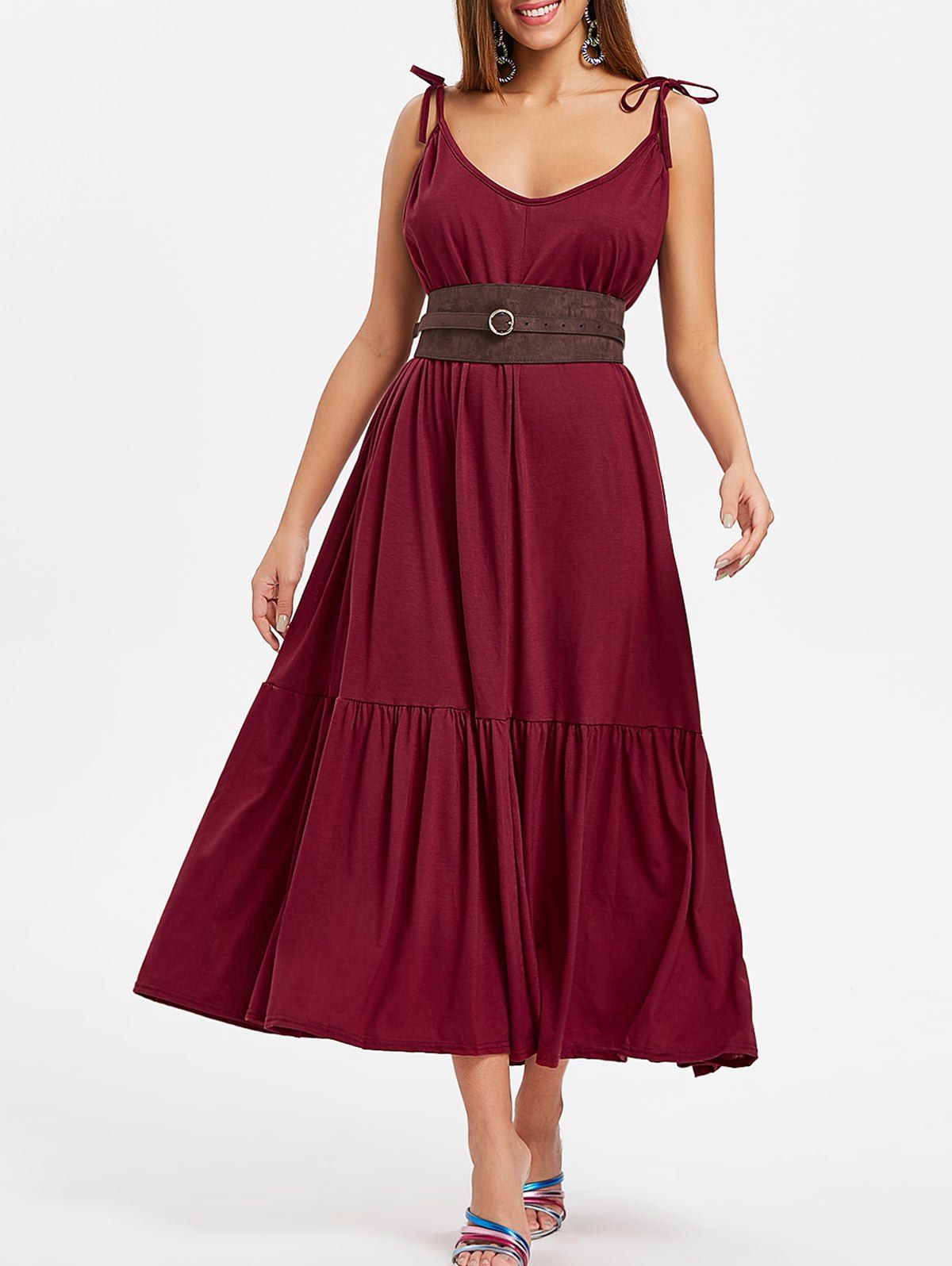 

Lace Up Shoulders Floor Length Dress, Red wine