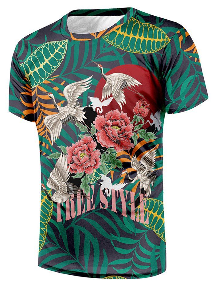 

Round Neck Peony Crane Print T-shirt, Multi