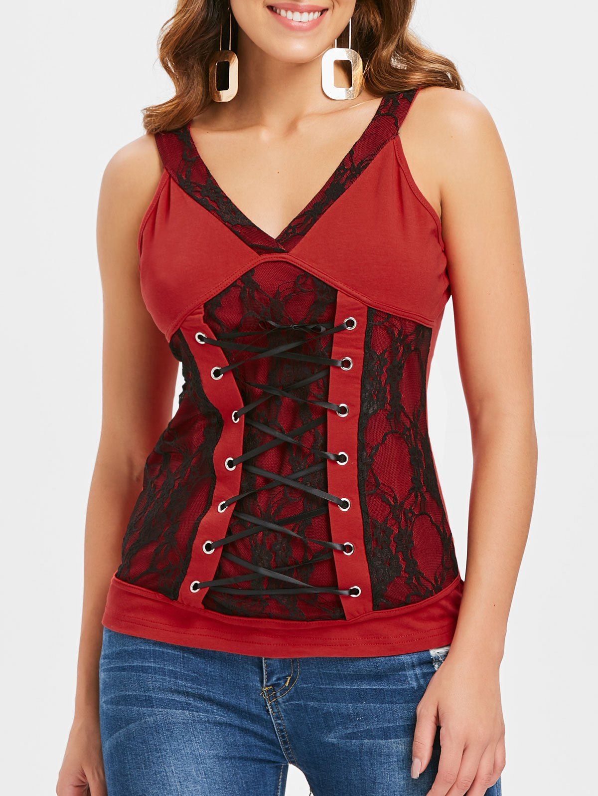 

Lace-up Lace Insert Tank Top, Red