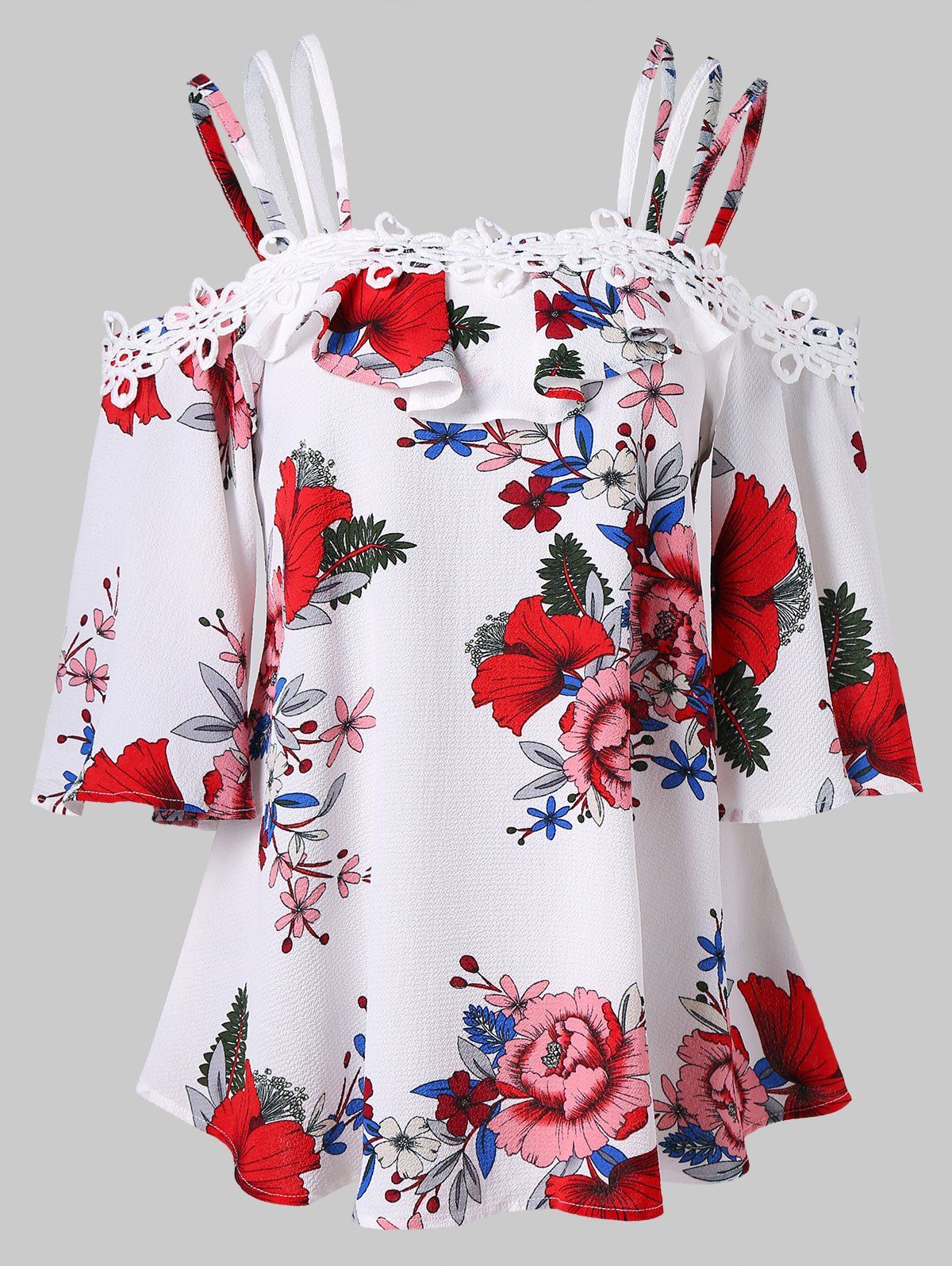 

Ruffled Spaghetti Strap Floral Blouse, White