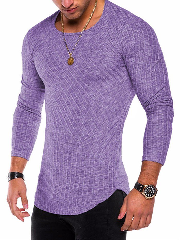 

Long Sleeve Curved Hem Rib Patchwork Tee, Purple