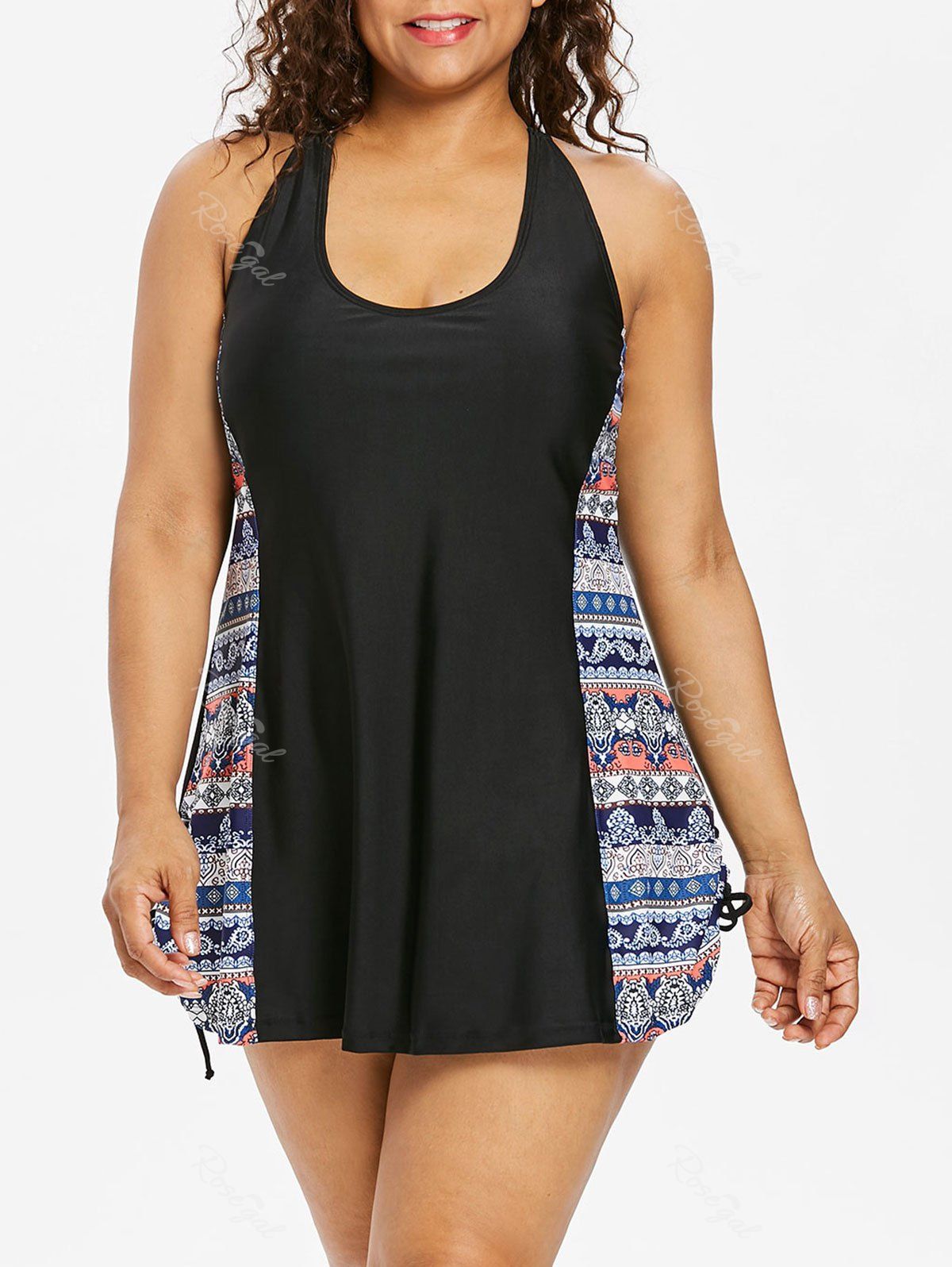 

Back Cut Out Plus Size U Neck Printed Swimwear, Black