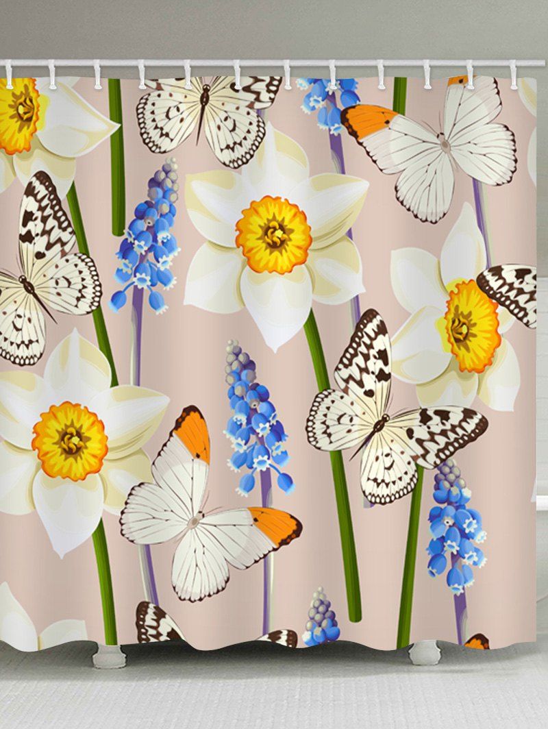 

Butterfly and Flower Print Waterproof Bathroom Shower Curtain, Multi
