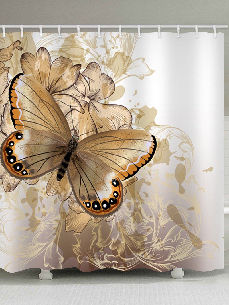 

Retro Butterfly Print Waterproof Bathroom Shower Curtain, White