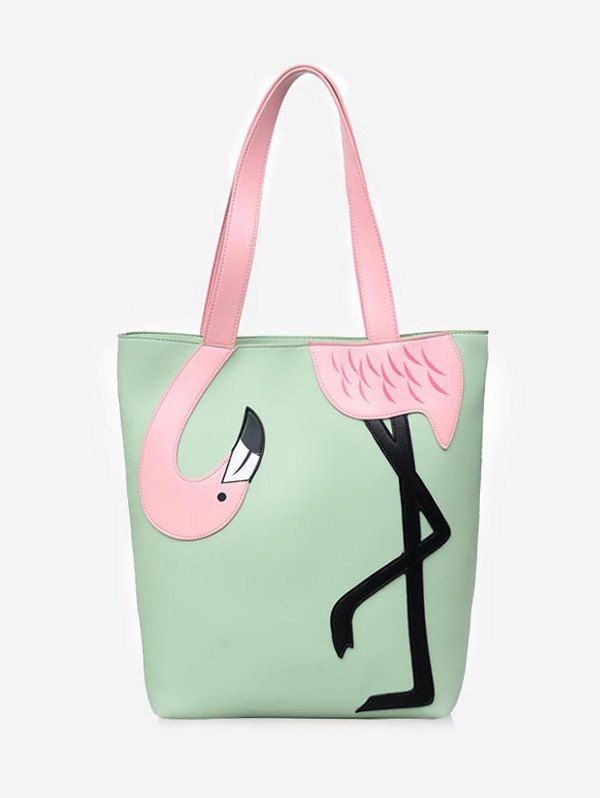 

Contrasting Color PU Leather Flamingo Decorated Shoulder Bag, Green
