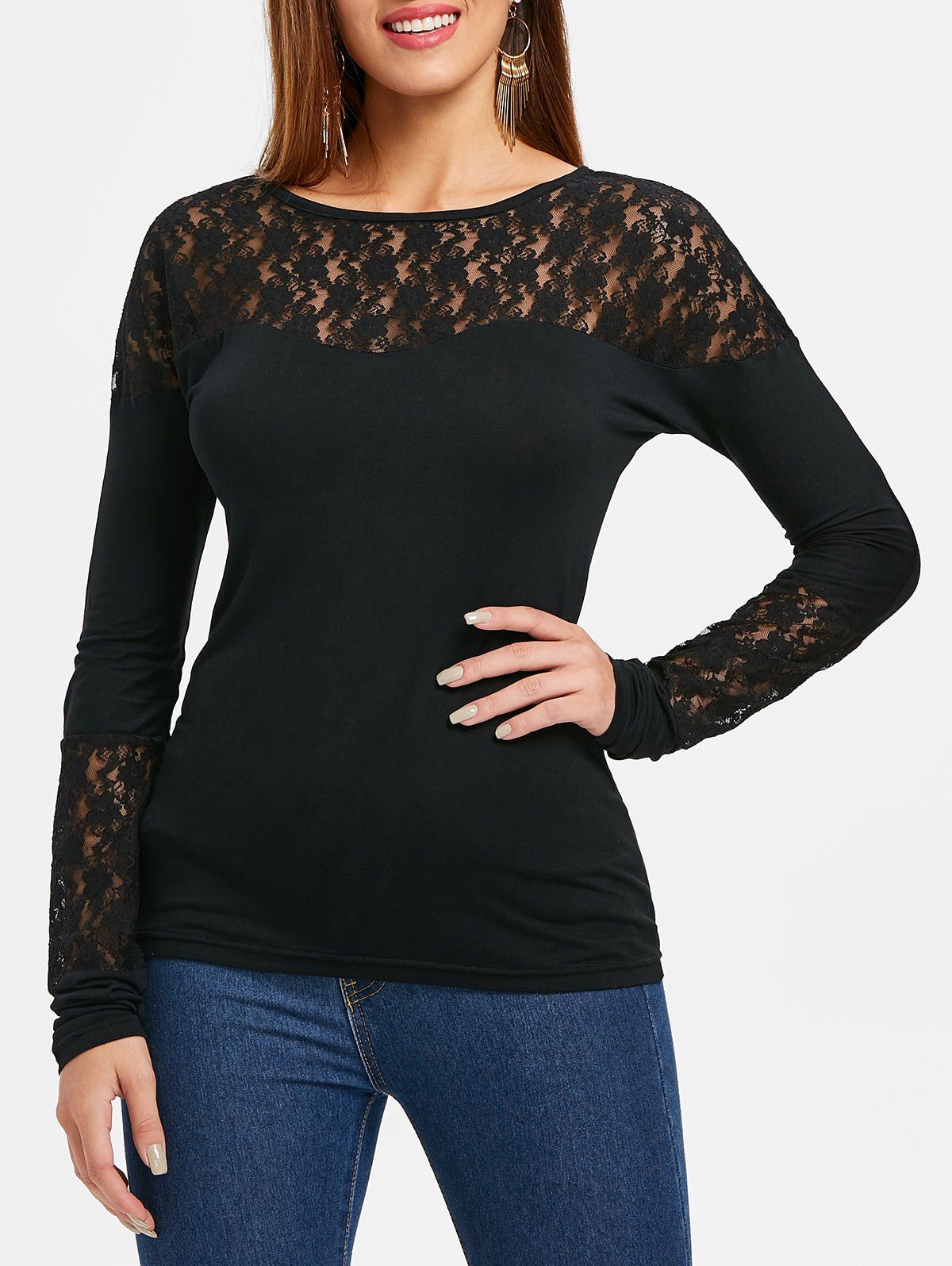 

Long Sleeve Lace Insert Plain T-shirt, Black