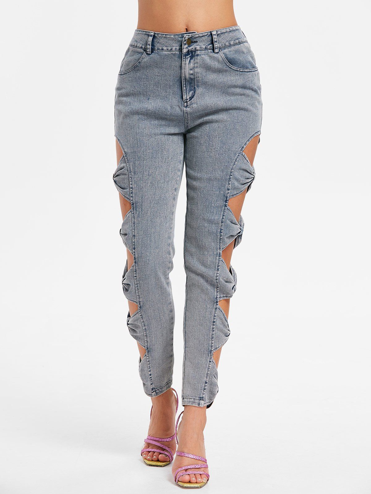 

Bowknot Cut Side Fading Jeans, Blue gray